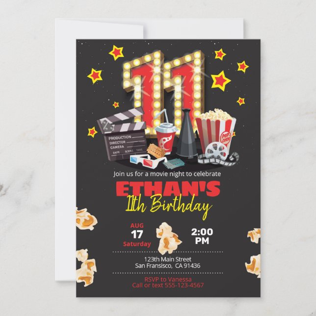 Movie night, Theater - 11th Birthday Invitation (Front)