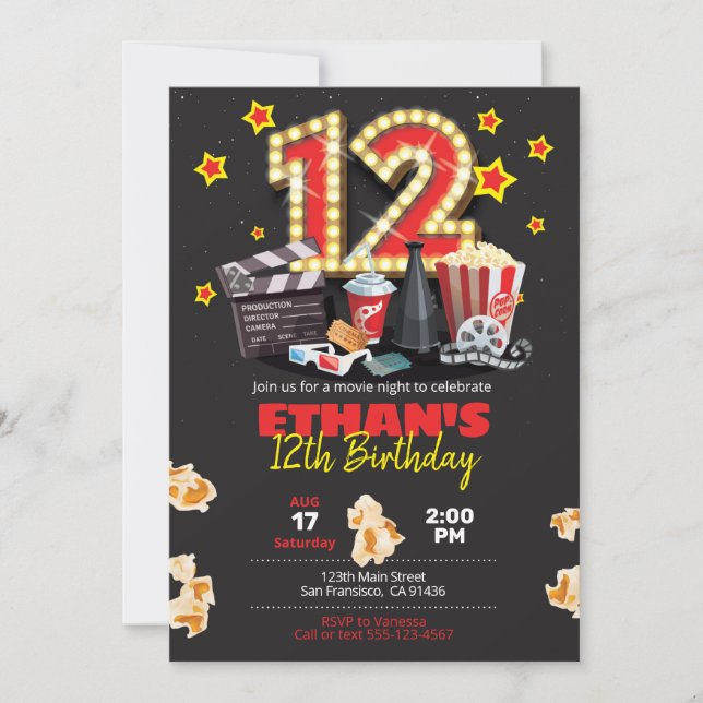 Movie night, Theater - 12th Birthday Invitation (Front)