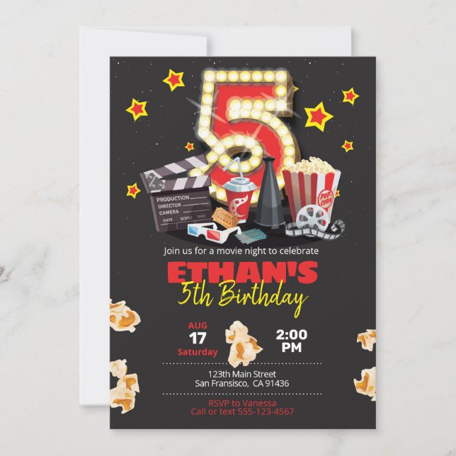 Movie night, Theater - 5th Birthday Invitation (Front)