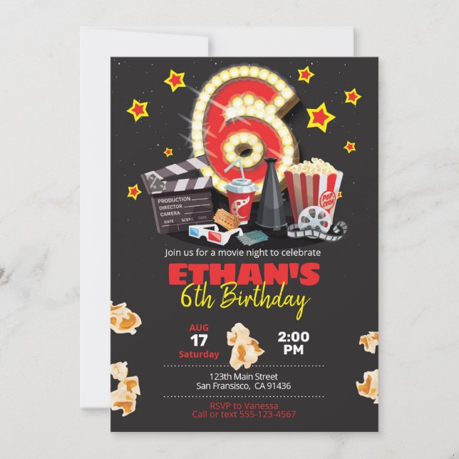 Movie night, Theater - 6th Birthday Invitation (Front)