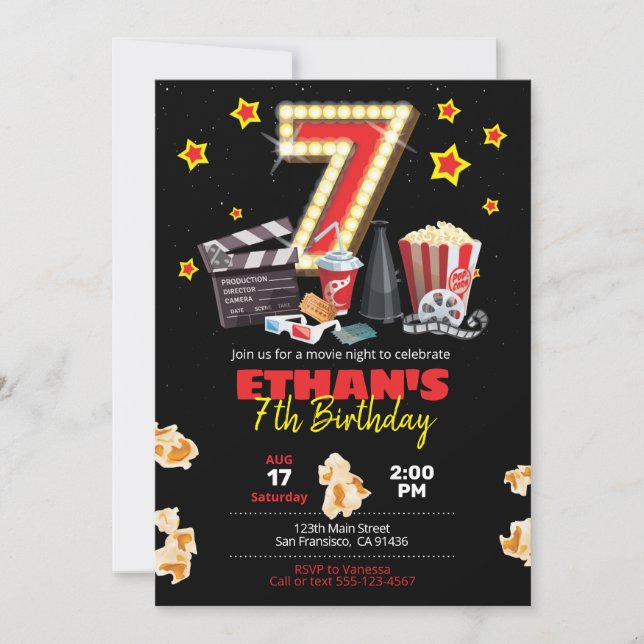 Movie night, Theater - 7th Birthday Invitation (Front)