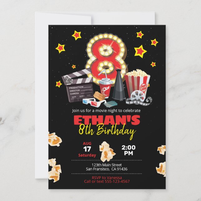 Movie night, Theater - 8th Birthday Invitation (Front)