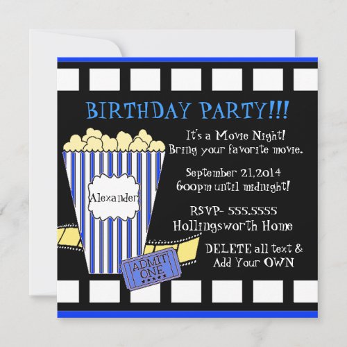 Movie Night With Popcorn and Film Strip in Blue Invitation