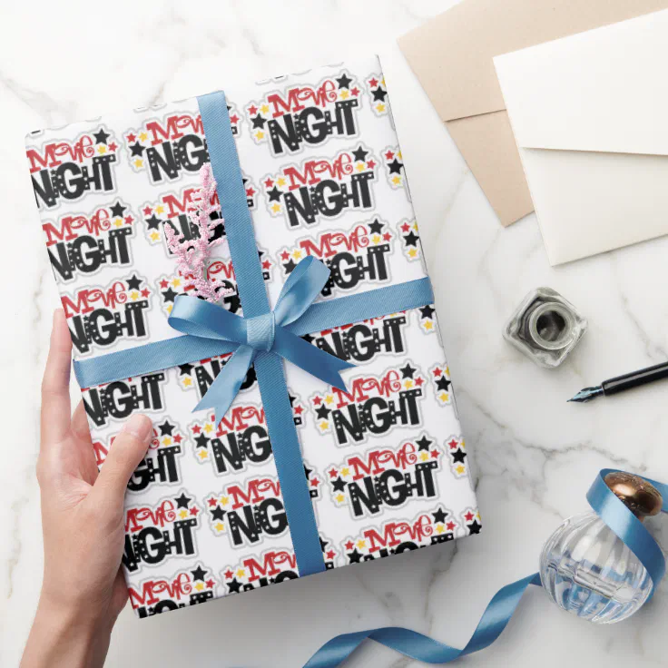 Movie Night word art wrapping paper theme Zazzle