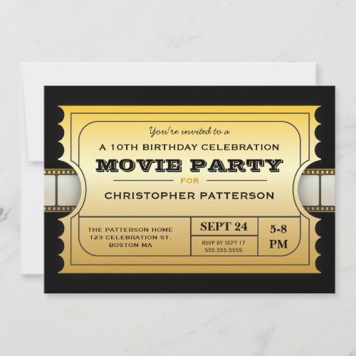 Movie Party Birthday Party Admission Gold Ticket Invitation