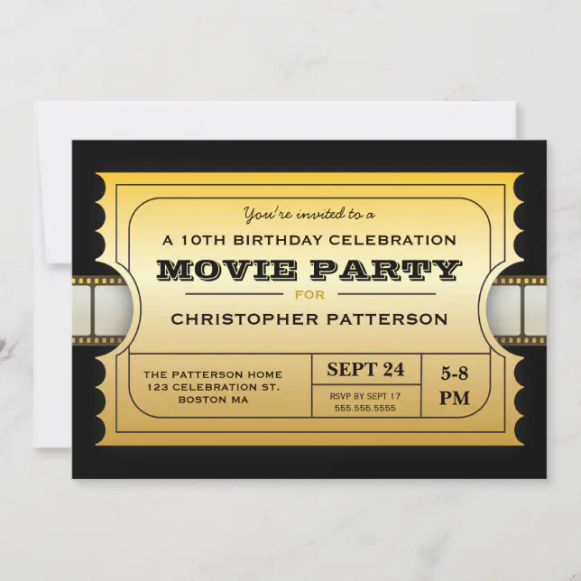 Movie Party Birthday Party Admission Gold Ticket Invitation 