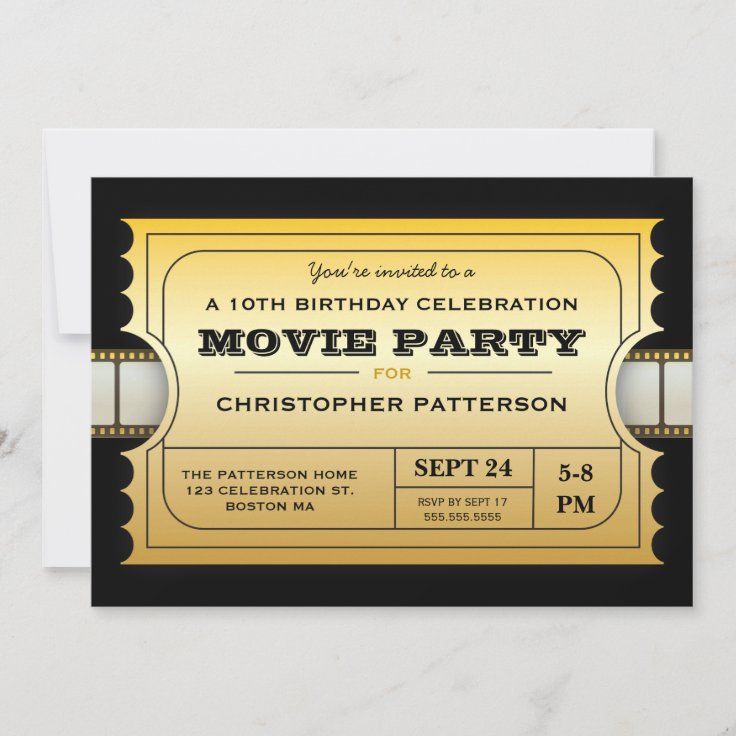 Movie Party Birthday Party Admission Gold Ticket Invitation | Zazzle