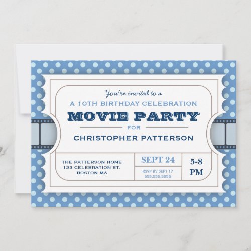 Movie Party Birthday Party Admission Ticket  Blue Invitation