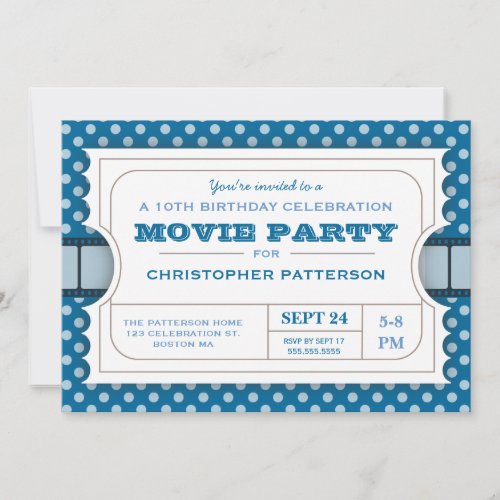 Movie Party Birthday Party Admission Ticket  Blue Invitation
