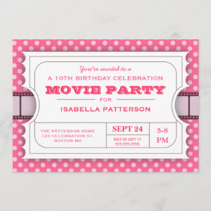 Movie Party Birthday Party Admission Ticket Pink Invitation