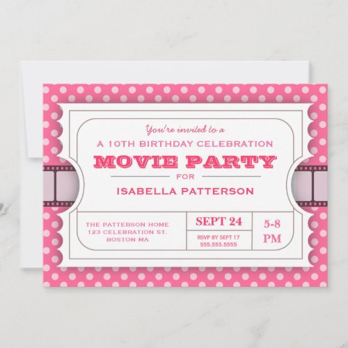 Movie Party Birthday Party Admission Ticket  Pink Invitation