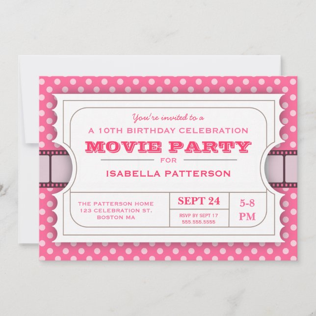 Movie Party Birthday Party Admission Ticket | Pink Invitation (Front)