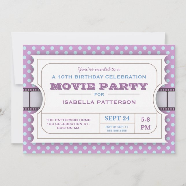 Movie Party Birthday Party Admission Ticket Purple Invitation (Front)