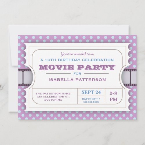 Movie Party Birthday Party Admission Ticket Purple Invitation