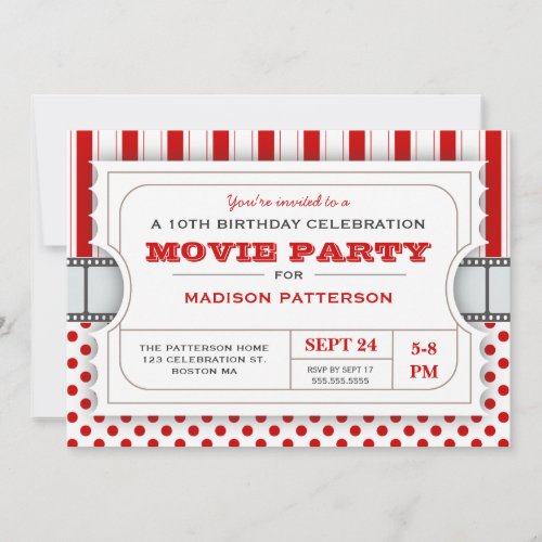 Movie Party Birthday Party Admission Ticket  Red Invitation