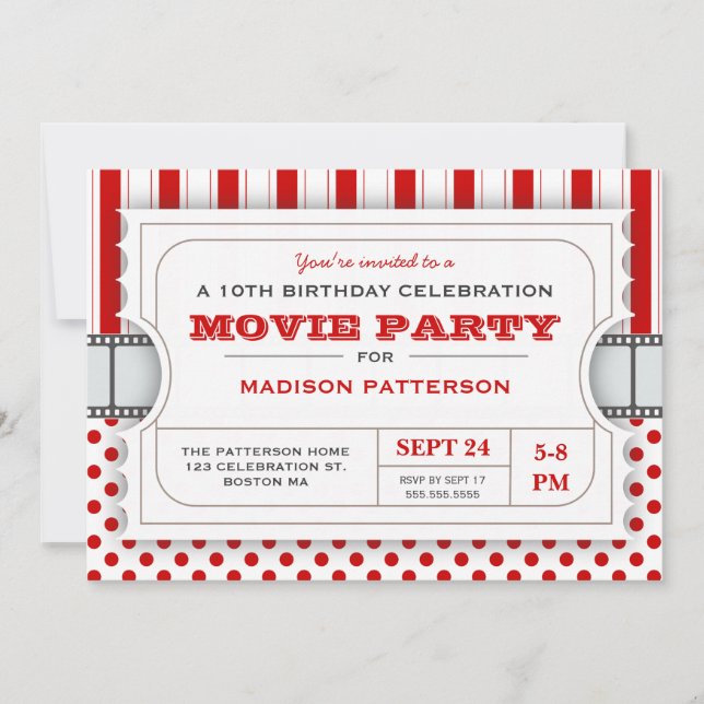 Movie Party Birthday Party Admission Ticket | Red Invitation (Front)