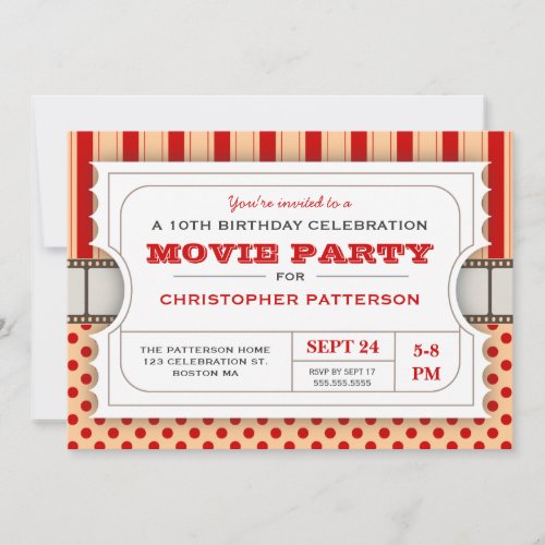 Movie Party Birthday Party Admission Ticket  Red Invitation