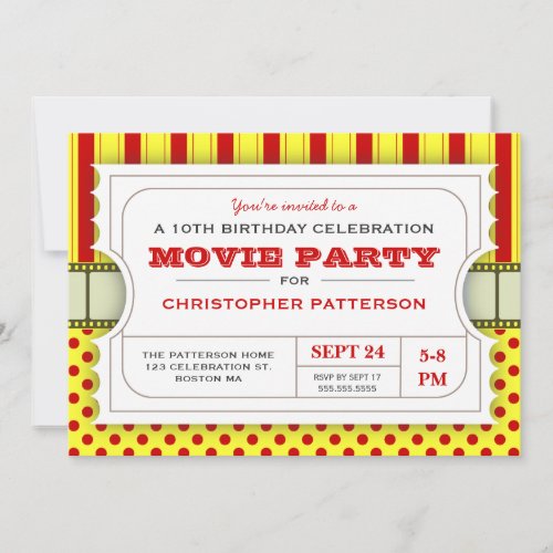 Movie Party Birthday Party Admission Ticket  Red Invitation