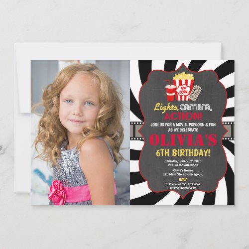 Movie party movie night birthday photo invitation
