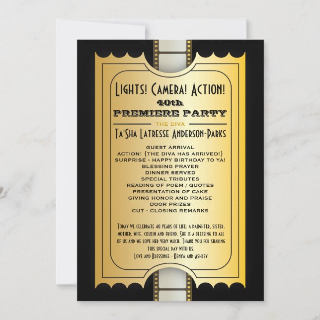 Movie Party Program Golden Admission Ticket (Front)