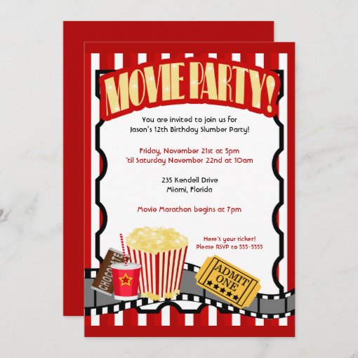 MOVIE PARTY Ticket Birthday Invitations | Zazzle