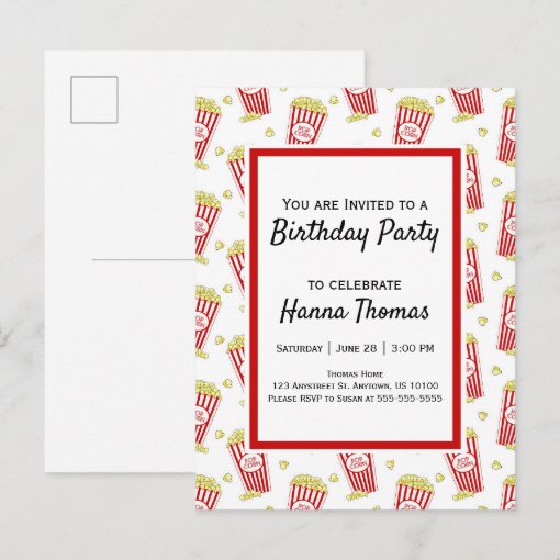 Movie Popcorn Birthday Invitation Postcard | Zazzle