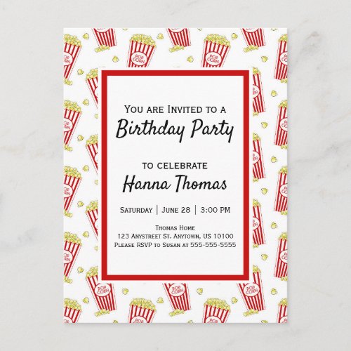 Movie Popcorn Birthday Invitation Postcard