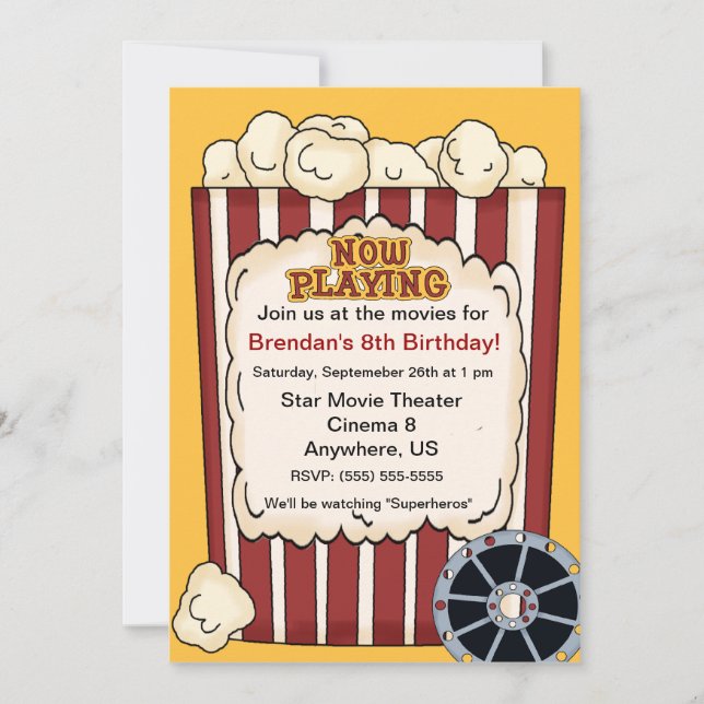 Movie Popcorn Kids Birthday Invitation (Front)