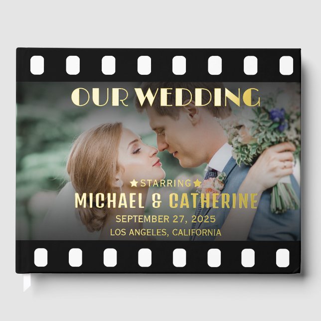 Movie Poster Film Strip Black And White Wedding Foil Guest Book (Front)