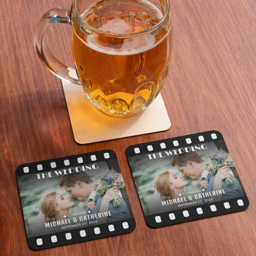 Movie Poster Film Strip Black And White Wedding Square Paper Coaster