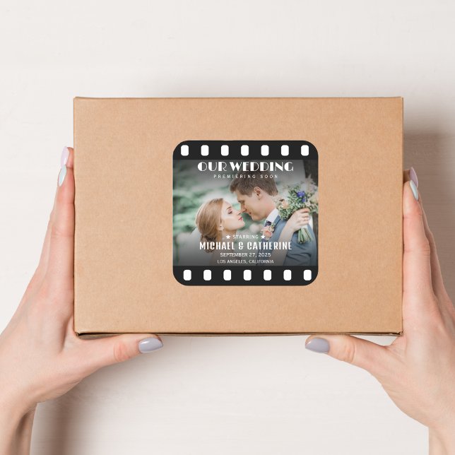 Movie Poster Film Strip Black And White Wedding Square Sticker (Creator Uploaded)