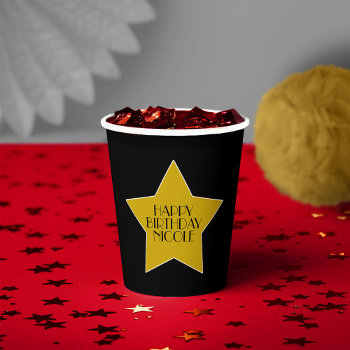 Movie Star Birthday Black And Gold Stars Paper Cups by macdesigns1 at Zazzle