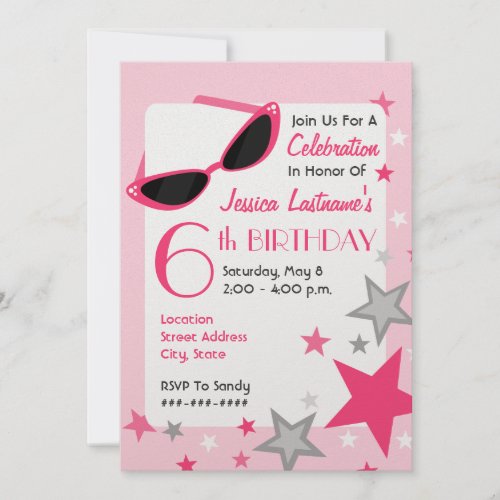Movie Star Pink Sunglasses &amp; Stars Girl's Birthday Custom Invite