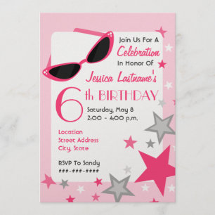 Movie Star Pink Sunglasses & Stars Girl's Birthday Invitation