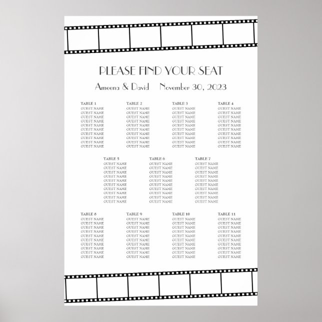 Movie Stars Film Strip Wedding Seating Chart (Front)