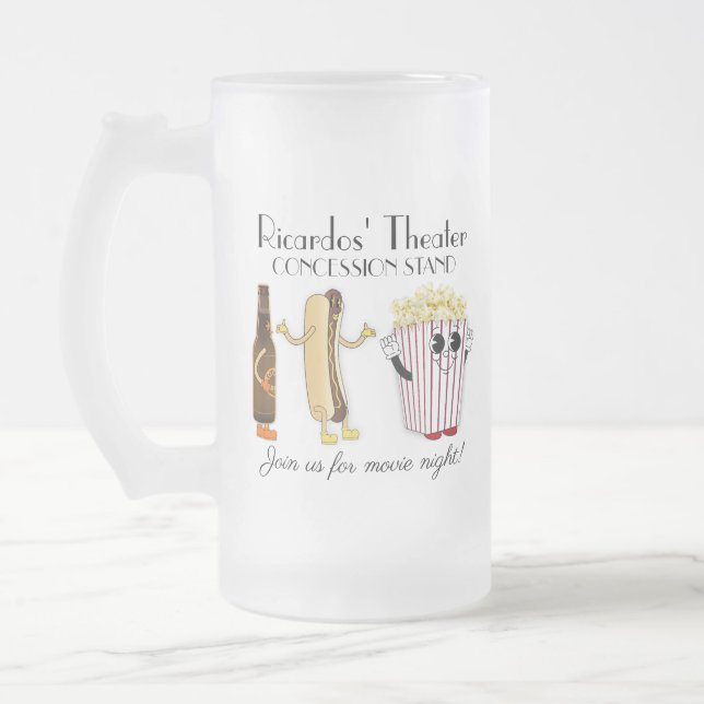 Movie Theater Concession Stand Hotdog Popcorn  Frosted Glass Beer Mug (Left)