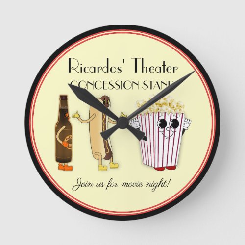 Movie Theater Concession Stand Hotdog Popcorn  Round Clock