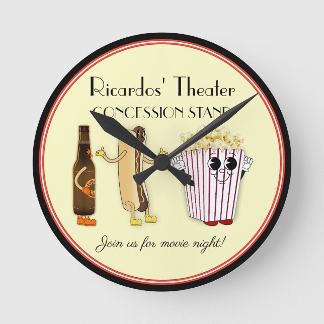 Movie Theater Concession Stand Hotdog Popcorn  Round Clock (Front)