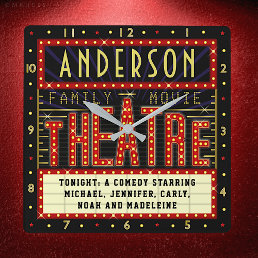 Movie Theater Marquee Home Cinema | Custom Name Square Wall Clock