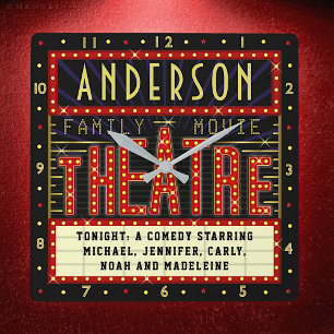 Movie Theater Marquee Home Cinema   Custom Name Square Wall Clock