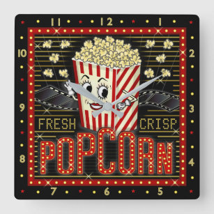 Movie Theater Marquee Home Cinema Popcorn Square Wall Clock