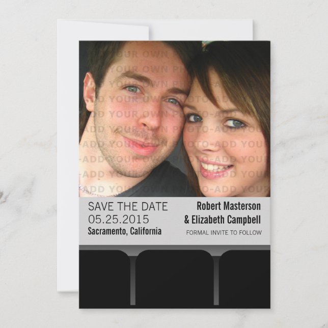 Movie Theater Photo Save the Date Invite, Gray (Front)