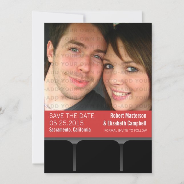 Movie Theater Photo Save the Date Invite, Red (Front)