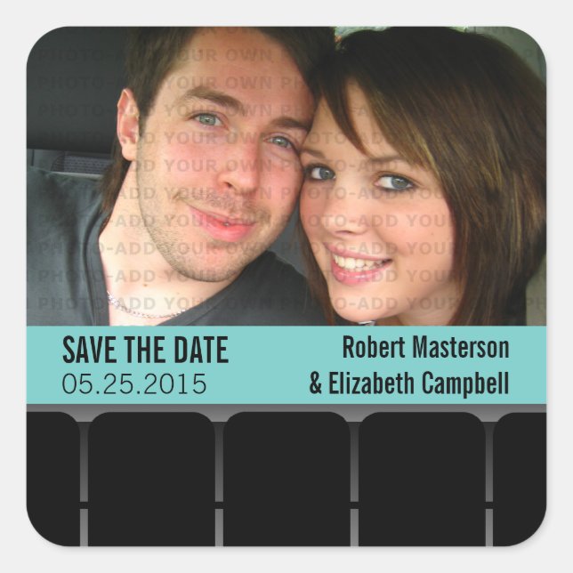 Movie Theater Photo Save the Date Stickers, Aqua Square Sticker (Front)