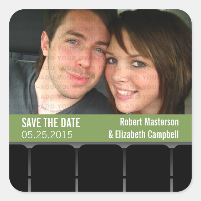 Movie Theater Photo Save the Date Stickers, Green Square Sticker (Front)