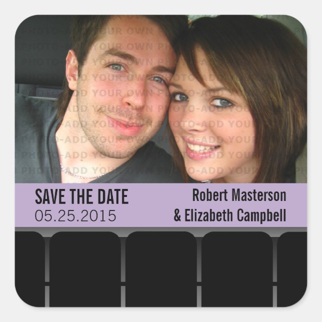Movie Theater Photo Save the Date Stickers, Lilac Square Sticker (Front)