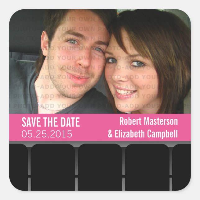 Movie Theater Photo Save the Date Stickers, Magent Square Sticker (Front)