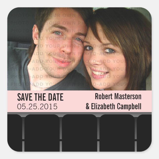 Movie Theater Photo Save the Date Stickers, Pink Square Sticker (Front)