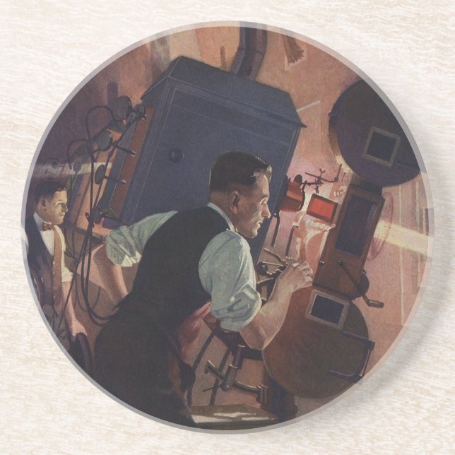 Movie Theater Projectionist, Vintage Business Sandstone Coaster (Front)