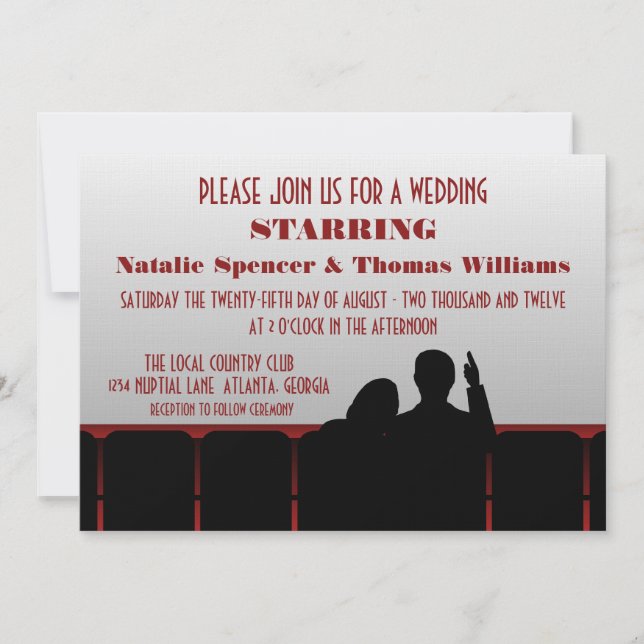 Movie Theater Wedding Invite, Red Invitation (Front)